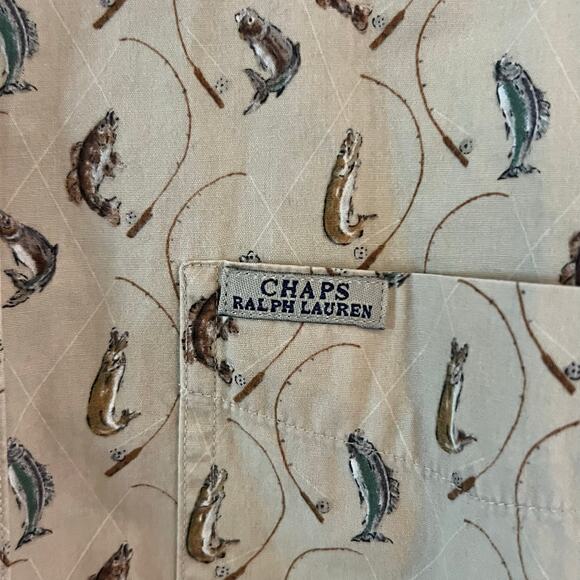 Chaps Ralph Lauren Men’s Button Down Shirt Fishing Print Beige Cotton Size L - Picture 4 of 6